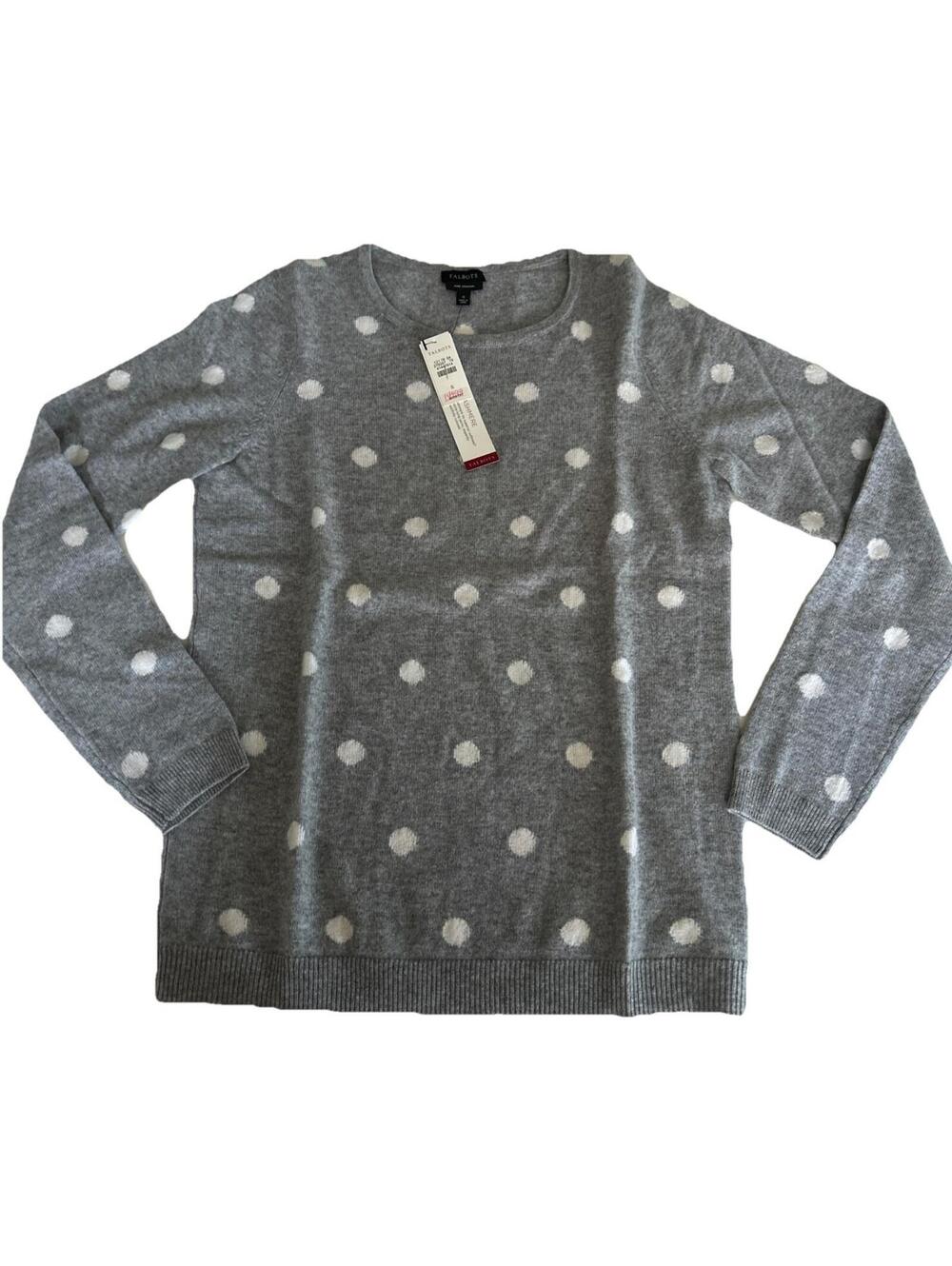 Talbots Womens Small Pure 100% Cashmere Sweater Gray Polka Dot Crew Neck